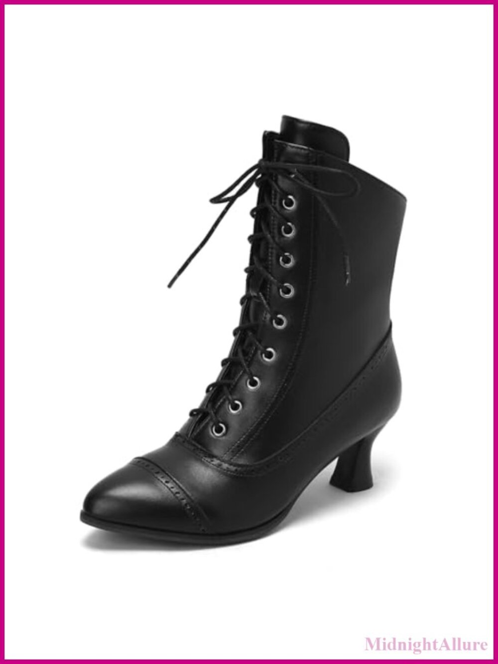 Victorian Lace Up Ankle Boots Pointed Toe Kitten Heel Faux Leather